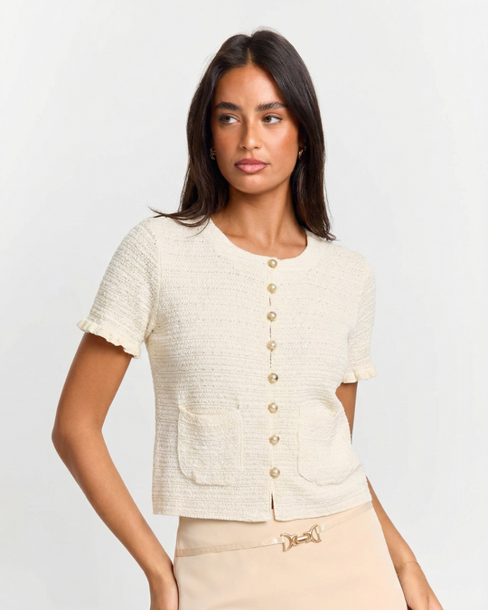 Anna | Pearl Button Frilled Sleeve Front Pocket Cropped Knit Top