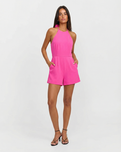 Rose | Halter Neck Pleated Shorts Romper in Pink