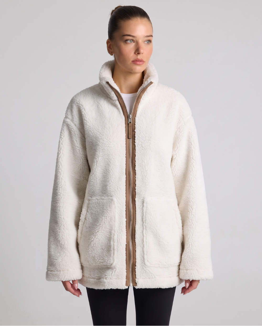 Loveday | Women's Teddy Zip-Up Coat White and Brown