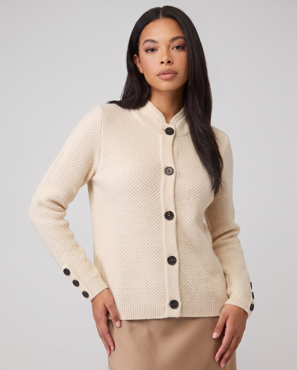 Mariette | Women's Button-Front Long Sleeve Cardigan in Off White and Camel