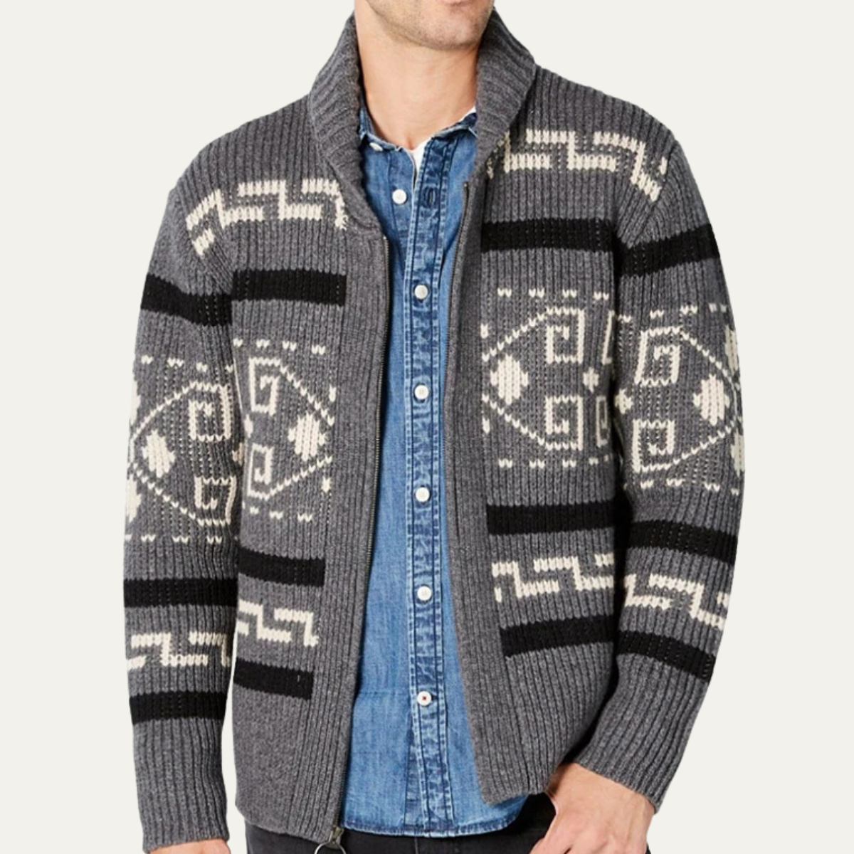 Marlon | Button Up Jacquard Knit Shawl Collar Cardigan