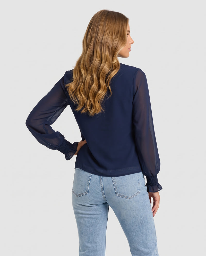Ophelia Ruffle V Neck Blouse Navy - back