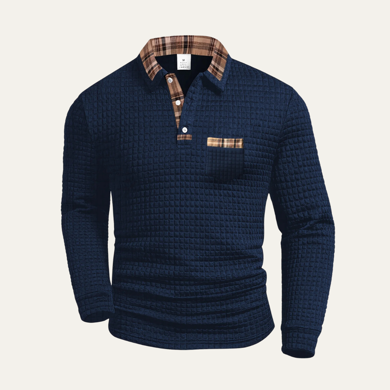 Foster | Waffle Knit Polo Jumper with Plaid Collar