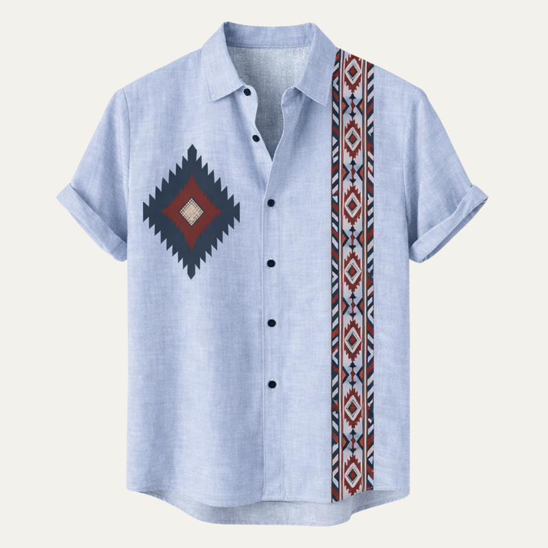 Jules | Vintage Ethnic Pattern Short Sleeve Linen Shirt