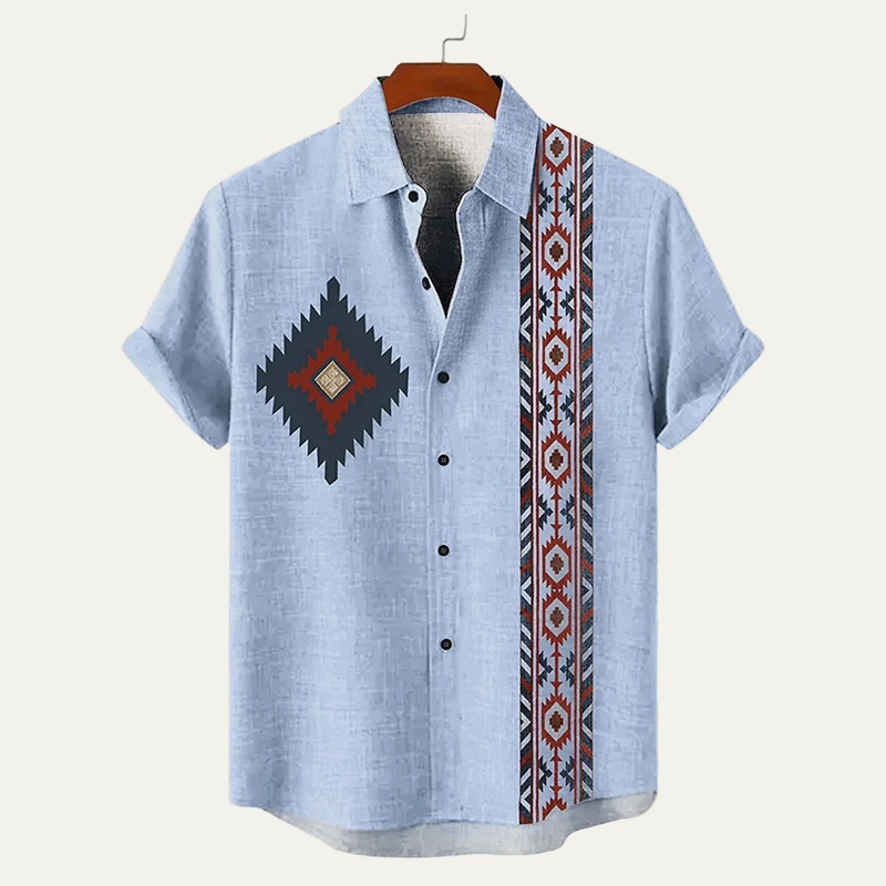 Jules | Vintage Ethnic Pattern Short Sleeve Linen Shirt