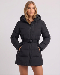 Malvina | Women's Hooded Belted Puffer Jacket Geometric and Black