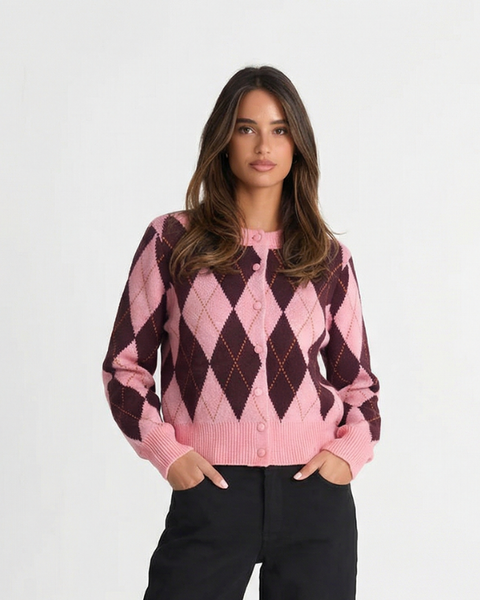 Alexandra | Cropped Argyle Knit Cardigan