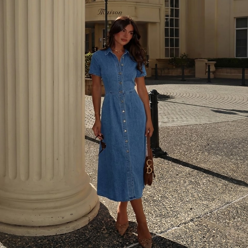 Genevieve denim shirt dress styling detail 3