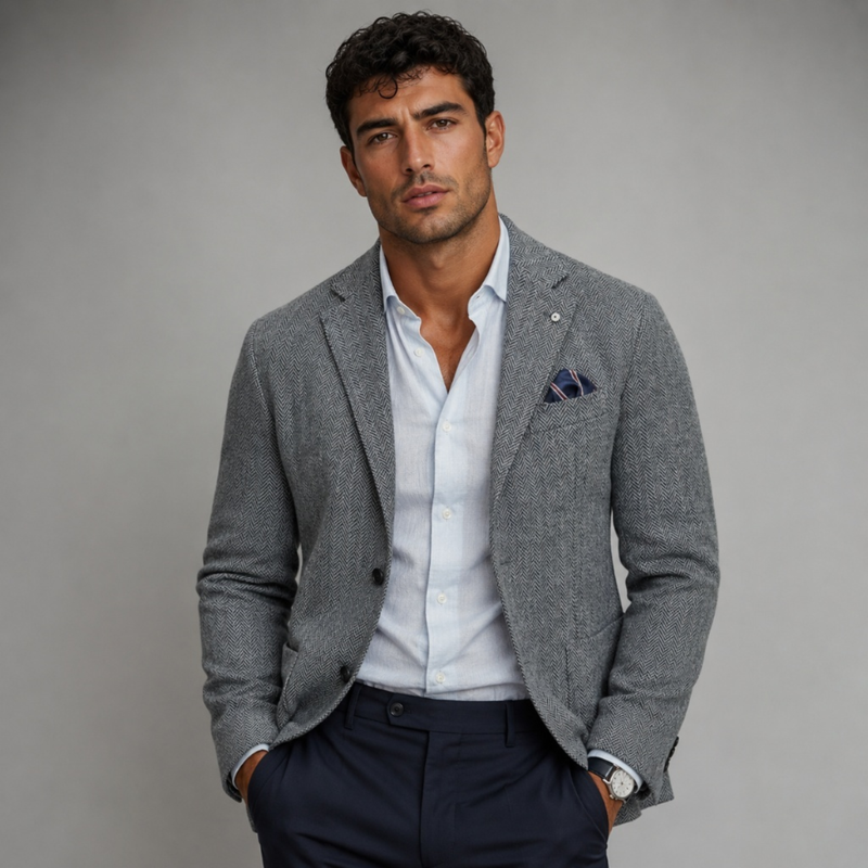 Maddox | Single Breasted Herringbone Wool Tweed Blazer