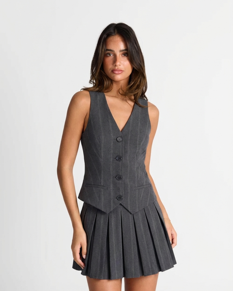 Rebecca | Pinstripe V-Neck Waistcoat and Pleated Mini Skirt Matching Set