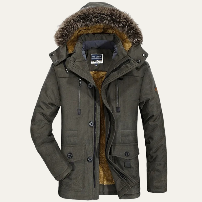 Deverell men's fur hooded winter puffer jacket in Green