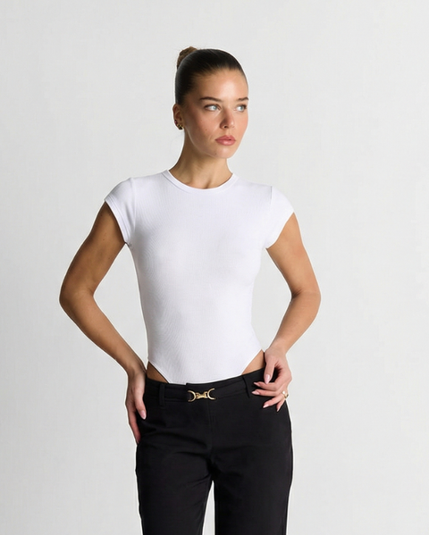 Marnie | Ribbed Knit Crew Neck Bodysuit in Striped, Khaki, Pink, White & Black