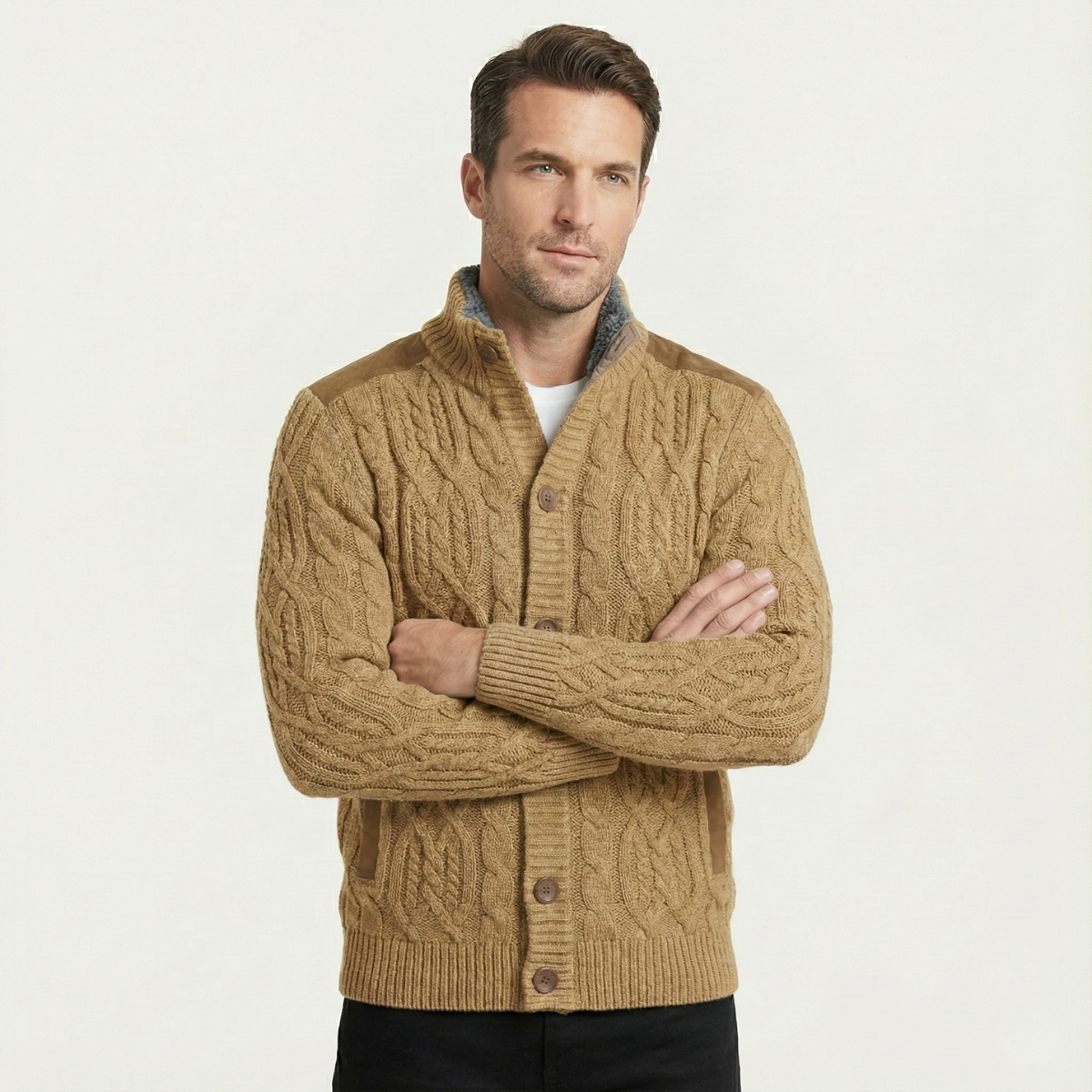 Cromwell cable knit button-up cardigan front view