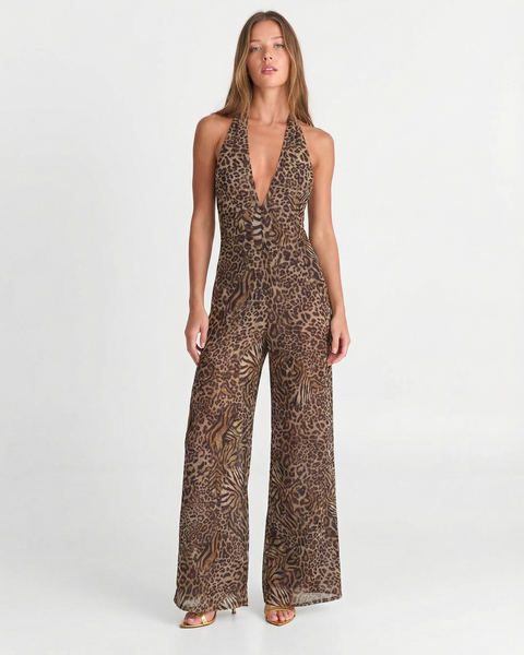 Camilla | Deep V-Neck Animal Print Halter Wide-Leg Chiffon Jumpsuit in Brown