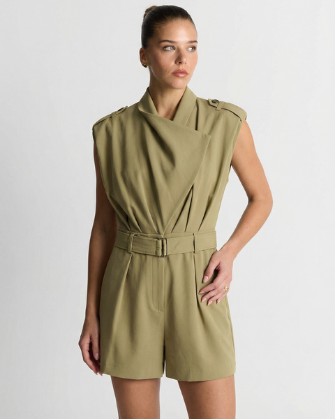 Robyn | Belted Utility Shorts Romper in Khaki
