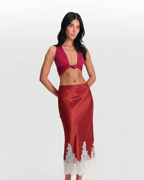 Erin | Lace Hem Satin Midi Slip Skirt