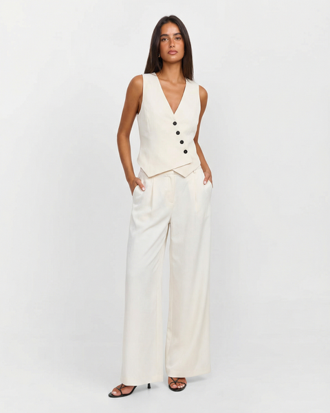 Juno | V-Neck Button Front Vest and Pleated Wide-Leg Trousers Tailored Coord Set in Cream