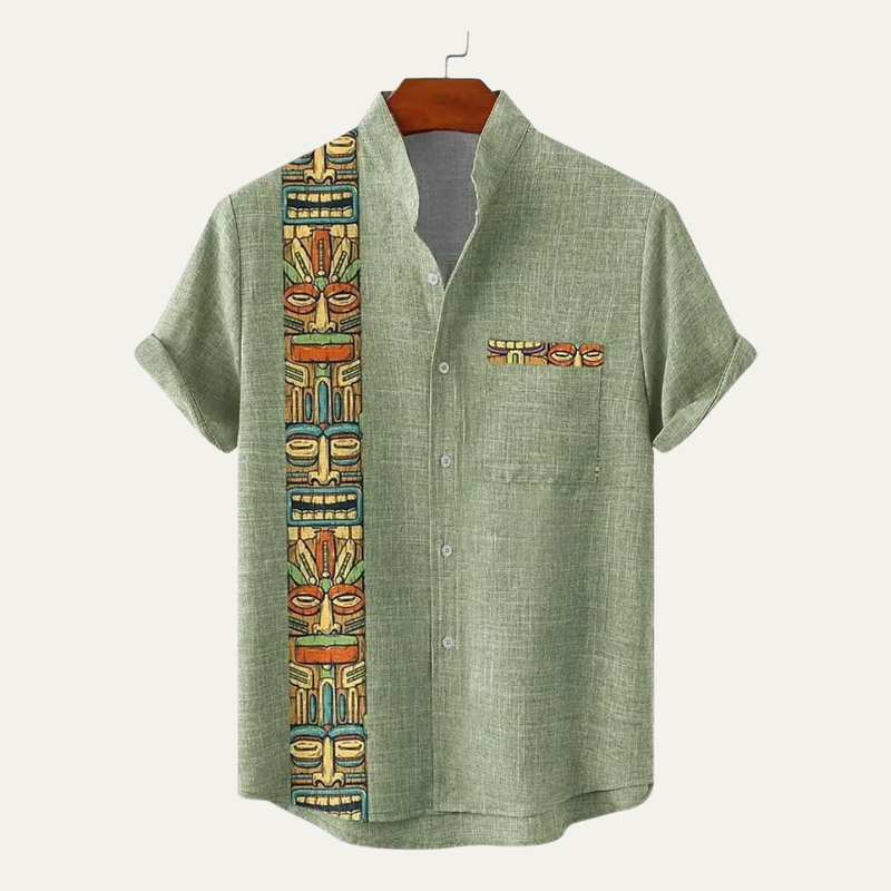 Jude | Retro Ethnic Pattern Short Sleeve Linen Shirt