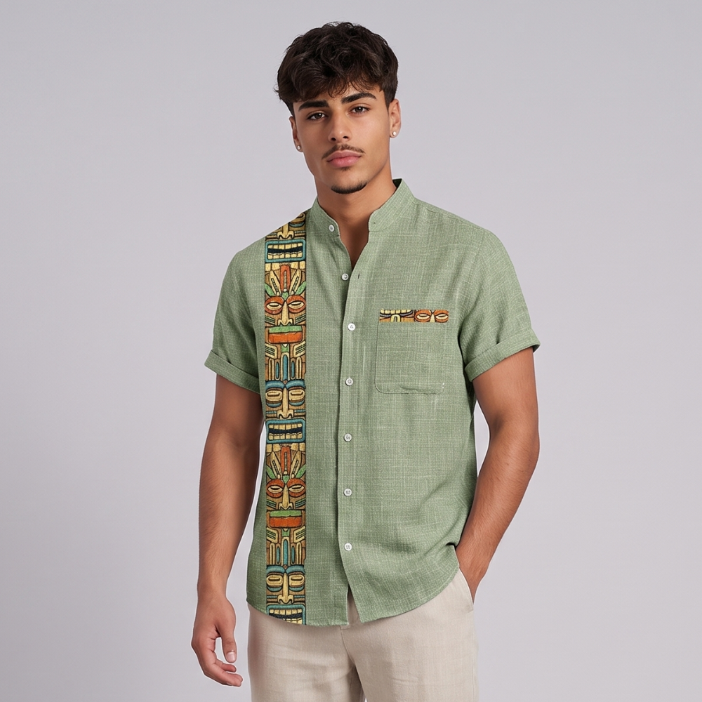 Jude | Retro Ethnic Pattern Short Sleeve Linen Shirt