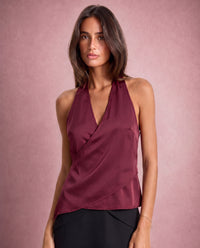 Bella Satin Halter Top Burgundy