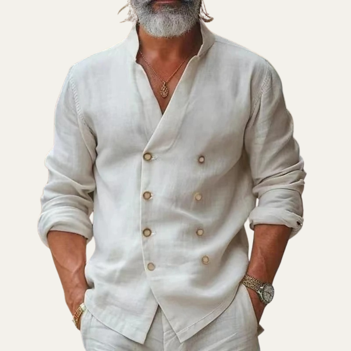 Wilder men's double breasted linen shirt in White