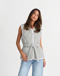Wren | Belted Check Vest Top White Sleeveless Tie Front V Neck
