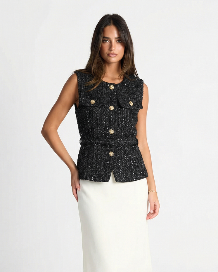 Gia | Elegant Tweed Sleeveless Blazer Black Belted Button Front