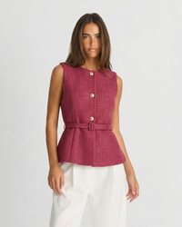 Mira | Elegant Tweed Peplum Top Pink Belted Sleeveless