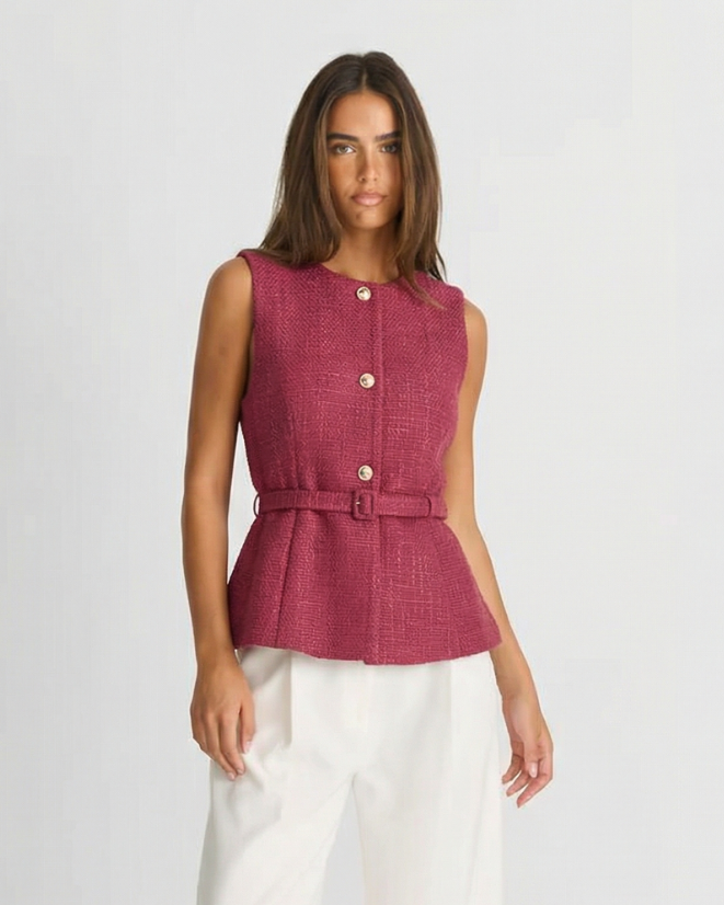 Mira | Elegant Tweed Peplum Top Pink Belted Sleeveless