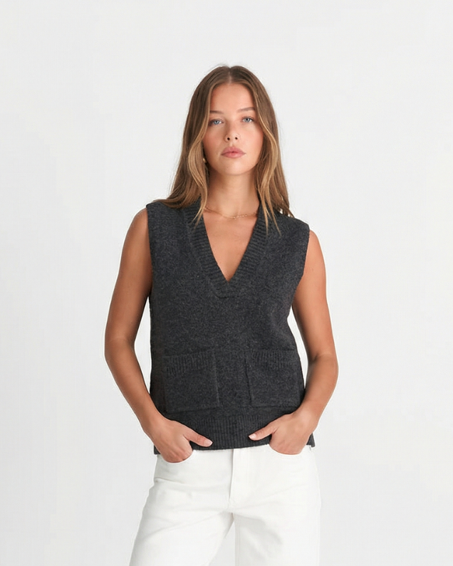 Isla | Knitted Sleeveless Cardigan Charcoal Grey V Neck Ribbed