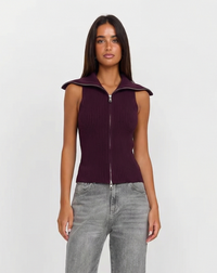 Uma | Knitted Zip Up Vest Top Purple Sleeveless Ribbed Collared