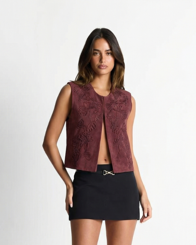 Hazel | Elegant Embroidered Cardigan Purple Sleeveless Zip Front