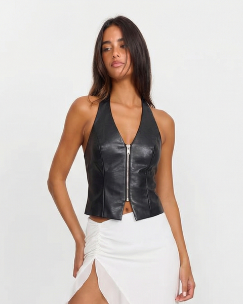 Arabella | Faux Leather Zip-Front Corset Halter Top