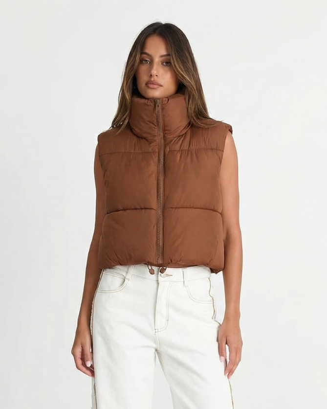 Darcy | Autumn Cropped Puffer Vest Brown Padded Sleeveless Quilted