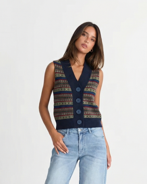 Eloise | Fair Isle Print Button-Front Knit Vest