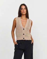 Rosa | Crochet Knitted Cardigan Beige Sleeveless V Neck Button Front