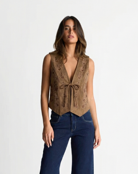 Pippa | Embroidered Tie-Front Suede Waistcoat