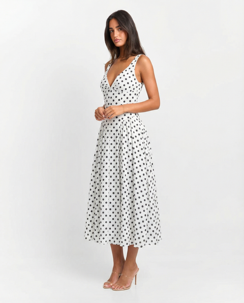 Eliana | Polka Dot V-Neck Pleated Midi Dress