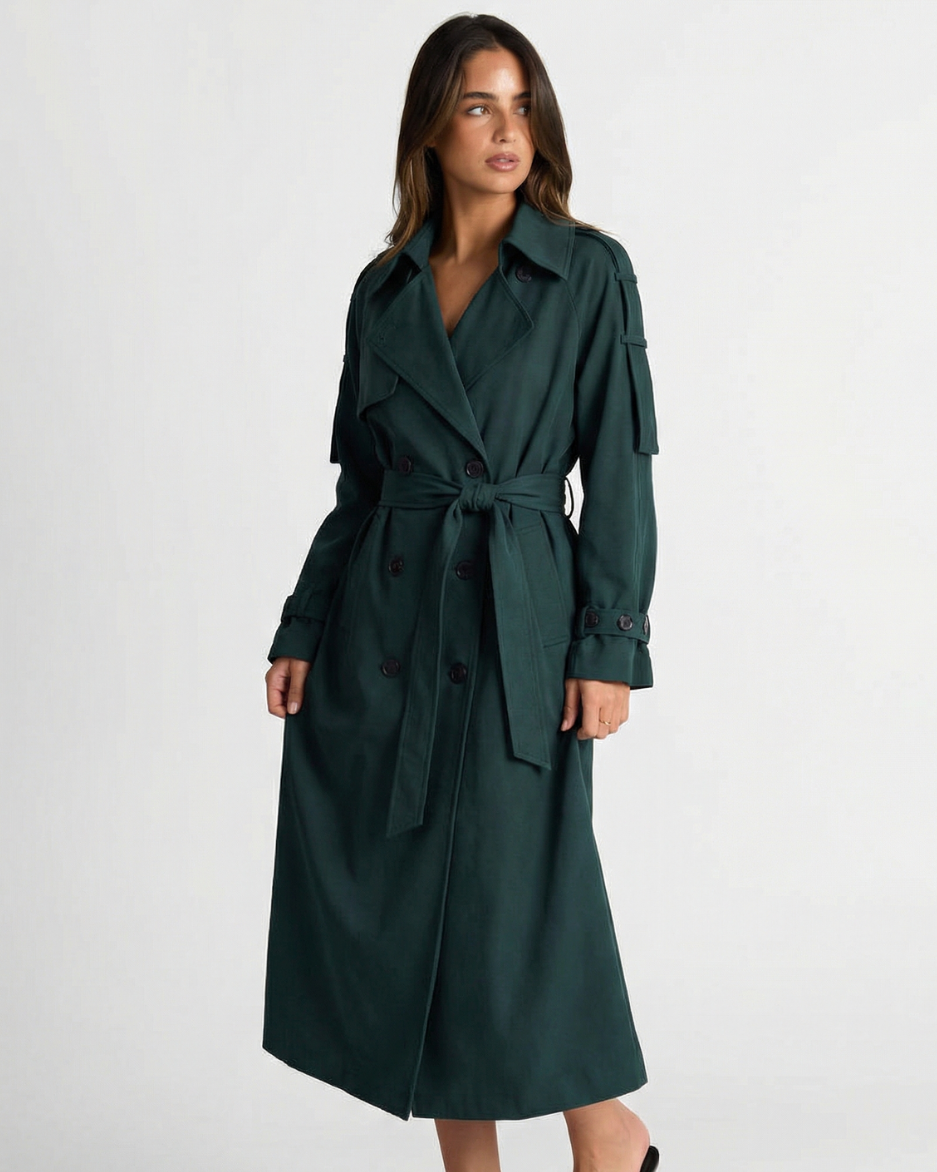 Luisa | Elegant Double Breasted Trench Coat Green Long