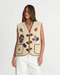 Sia | Sleeveless Borg Jacket Cream Patchwork Embroidered Toggle Front