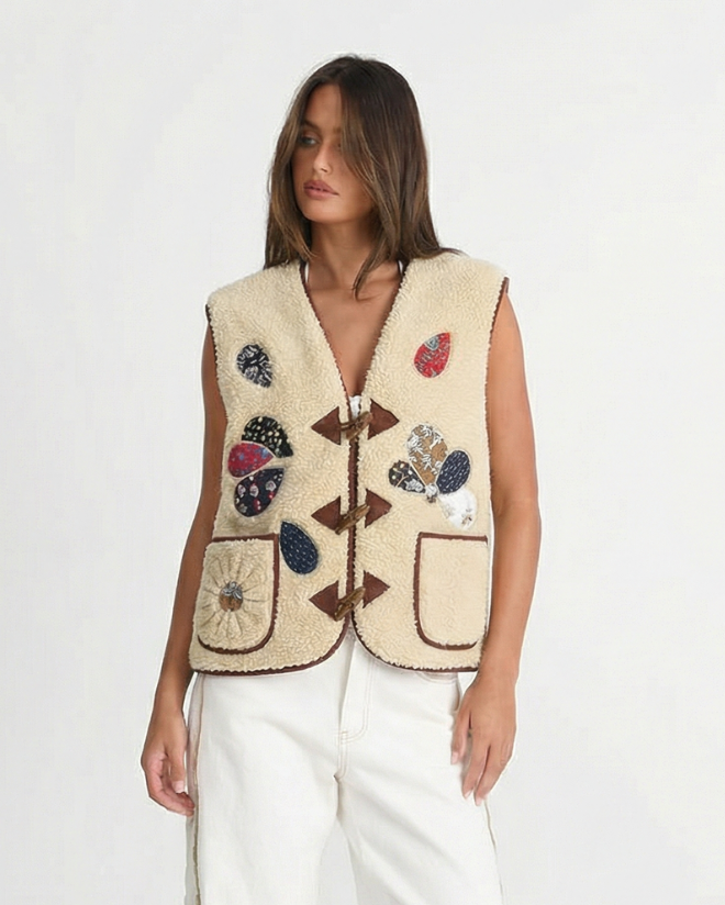 Sia | Sleeveless Borg Jacket Cream Patchwork Embroidered Toggle Front