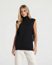 Ivy | Sleeveless Knitted Top Black High Neck Tie Side Longline