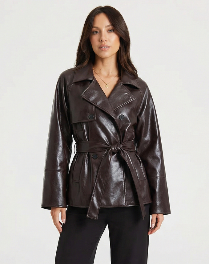 Vera | Elegant Belted Leather Jacket Black Long