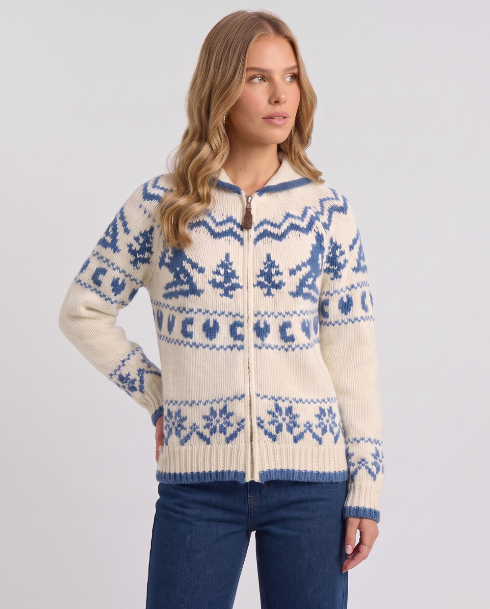 Griselda | Women's Zip-Up Fair Isle Cardigan White and Blue