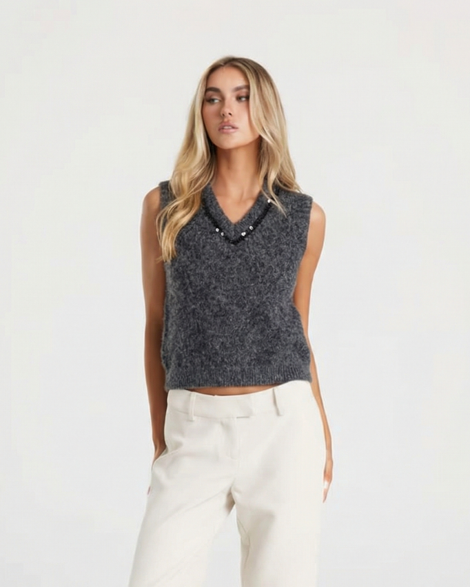 Lola | Knitted Vest Top Grey Sleeveless V Neck Rhinestone Trim