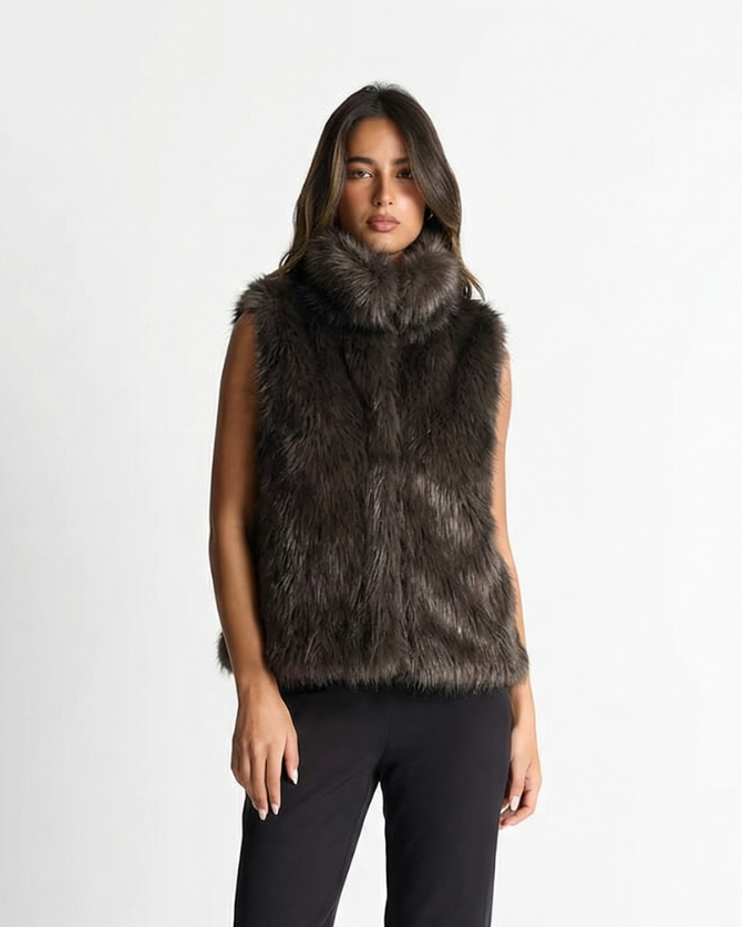Ember | Faux Fur Gilet Brown Sleeveless Fluffy High Neck