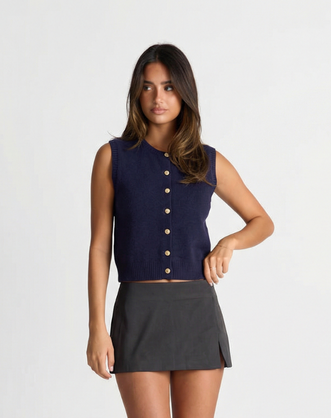 Sia | Sleeveless Knitted Top Navy Button Front Cropped