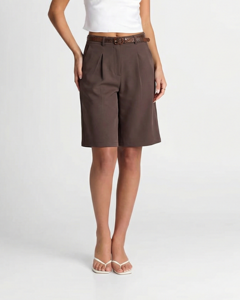 Wren | Pleated High-Waist Tailored Bermuda Shorts with Belt