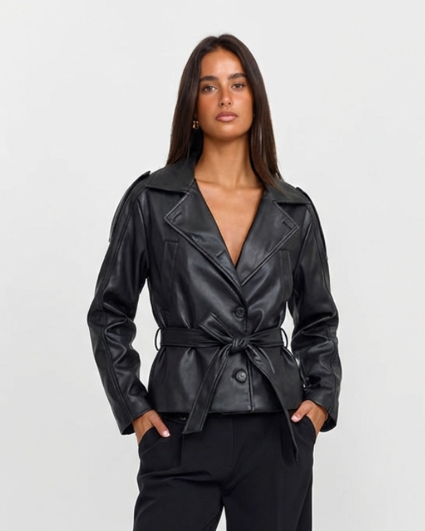 Mia | Belted Leather Jacket Black Fitted Long Sleeve