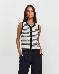 Cora | Striped Knit Cardigan Black White Sleeveless Button Front